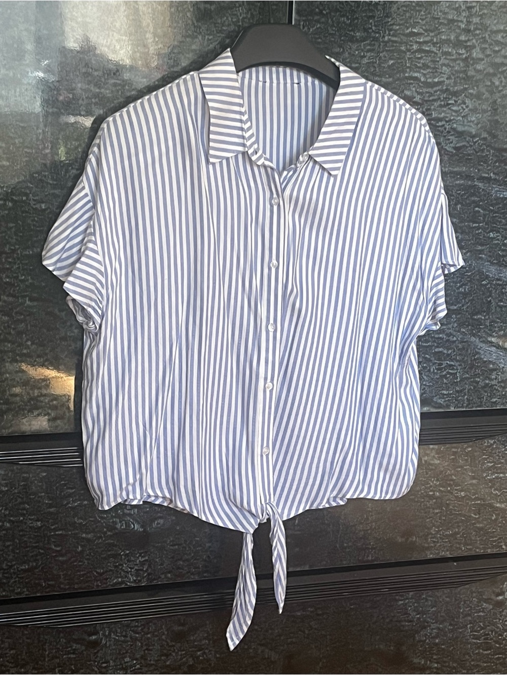 Baby Blue and White Striped Button-Front Tie-Hem Shirt